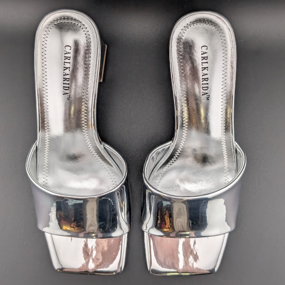 Carl Karida Size 7 Women's Silver Metallic Slip On Chunky Heeled Mules Luxury Carl Karida