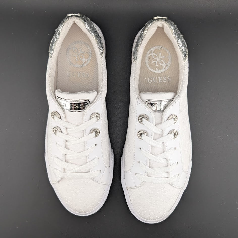 Guess Meggie Womens Size 8.5M White w/ Silver Low Top Quilted Fashion Sneakers GUESS