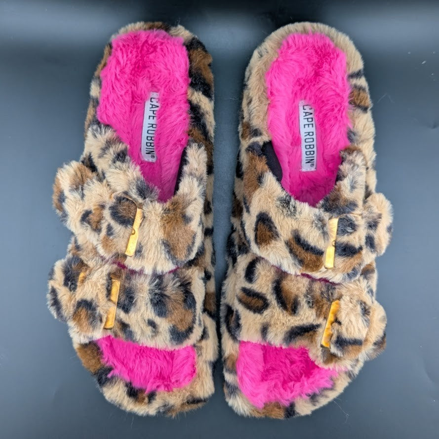 New Cape Robbin Size 11 Marie Pink & Leopard Faux Fur Slides Sandals Slippers Cape Robbin