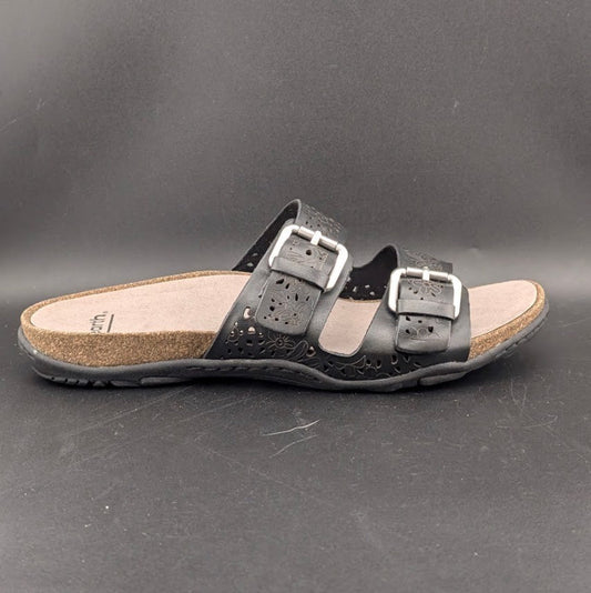 Earth Women's Sz 8.5 Sand Antigua Black Perforated Leather Buckle Comfort Sandal Earth