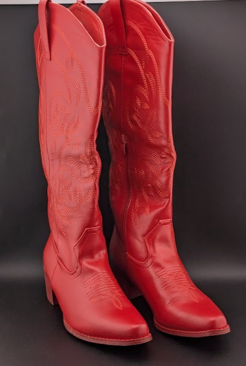 PO Womens Sz 7.5 Red Faux Leather 2" Block Heel Embroid Western Cowboy Boots IUV