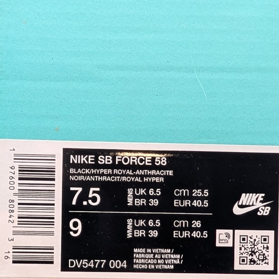 Men 's Size 7.5 NIKE SB FORCE 58 Black/Hyper Royal DV5477-004 Skate Board Shoes Nike