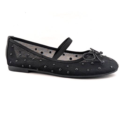 Trary Women's Black Ballet Flats Size 6.5 Mesh and Bead Uppers, Elastic Strap Trary