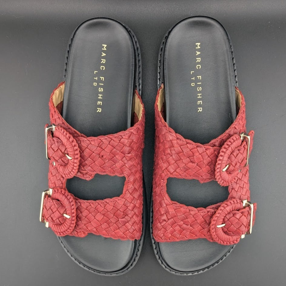 Marc Fisher Ltd Women's Size 9 Auggie Woven Dk Red Leather Buckle Footbed Sandal Marc Fisher
