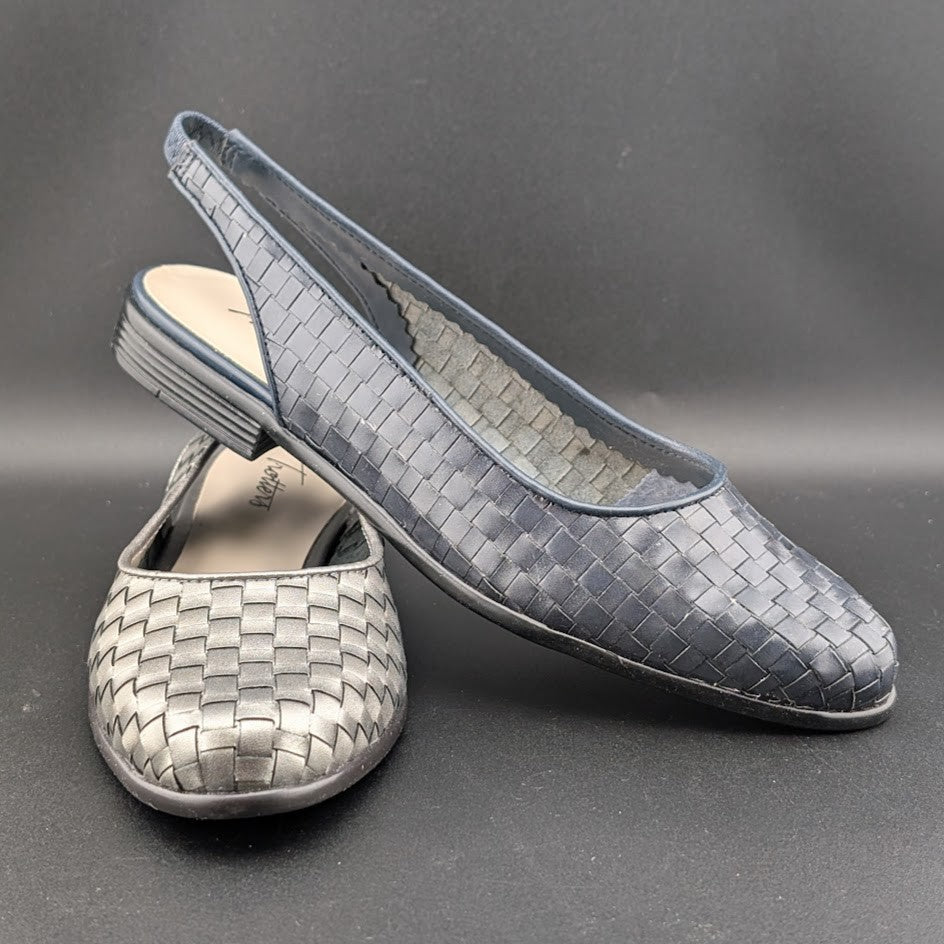 Women's Trotters "Lucy" Navy (Sz 6) or Pewter (Sz 6.5) Woven Slingback Flat NIB Trotters