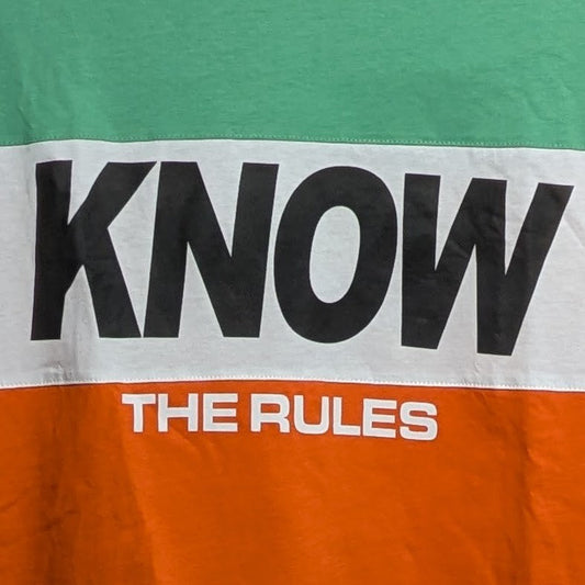 New Plus Eighteen Size Large "Know the Rules" Green/Orange/White Graphic T-Shirt Plus Eighteen
