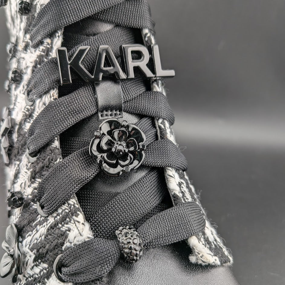 Karl Lagerfeld Paris Makenzie Tweed Combat Boots Size 5 Black/White $229 NEW Karl Lagerfeld