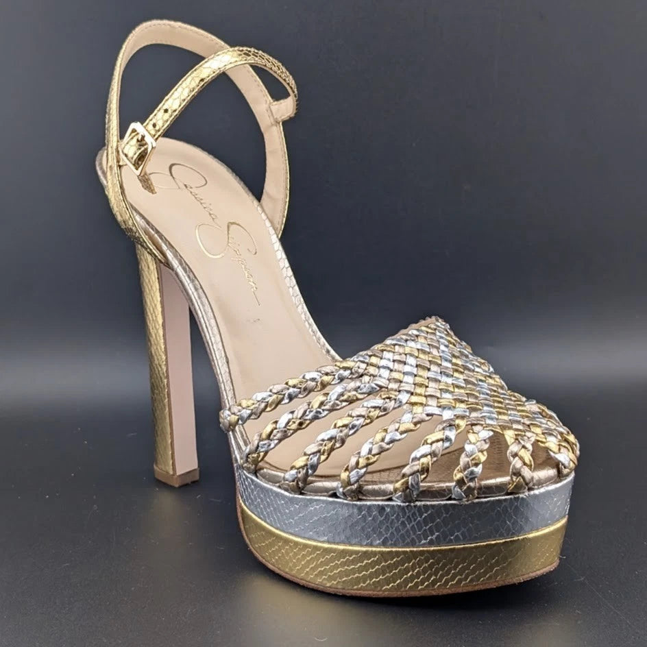 Woman's Size 9.5 Dress Shoes Jessica Simpson Inaia Platform Gold /Silver SoleComfort.shoes