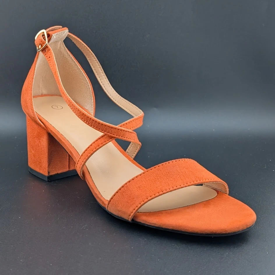 Women Size 7 Chunky Heel Cross-Strap Sandals Open Toe Wedding Dress Faux Suede SoleComfort.shoes