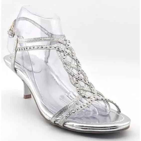 Women’s 8.5M Unlisted Silver Glitter Rhinestone Strappy Sandals With Kitten Heel Kenneth Cole Productions - SoleComfort.shoes