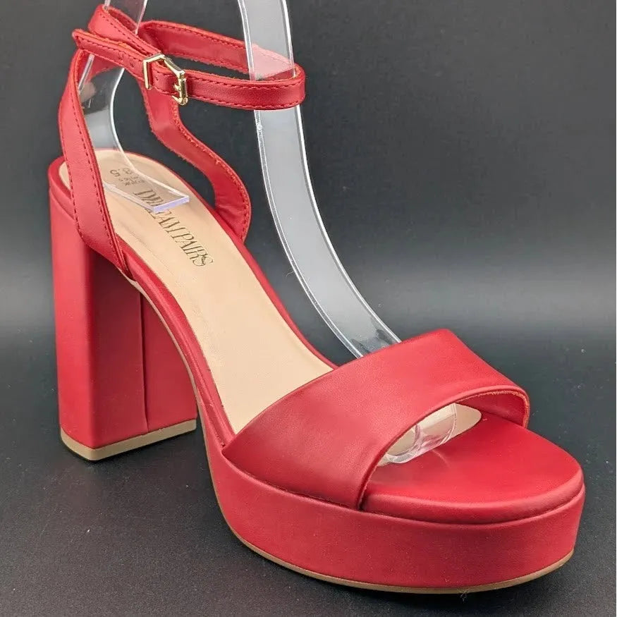 DREAM PAIRS Platform Heels SZ 8.5 Women Red Chunky Open Toe Ankle Strap Heels SoleComfort.shoes