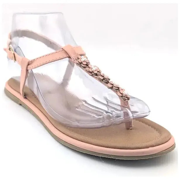Womens Petit Floral Strap Thong Sandals Size 7M Pink Faux Leather Flat Shoes - SoleComfort.shoes