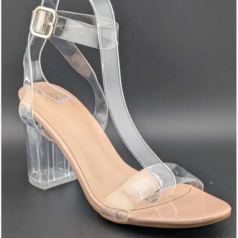 Women's Size 7 Clear Heeled Sandals Ankle Strap Block Chunky Heel Open Toe SoleComfort.shoes