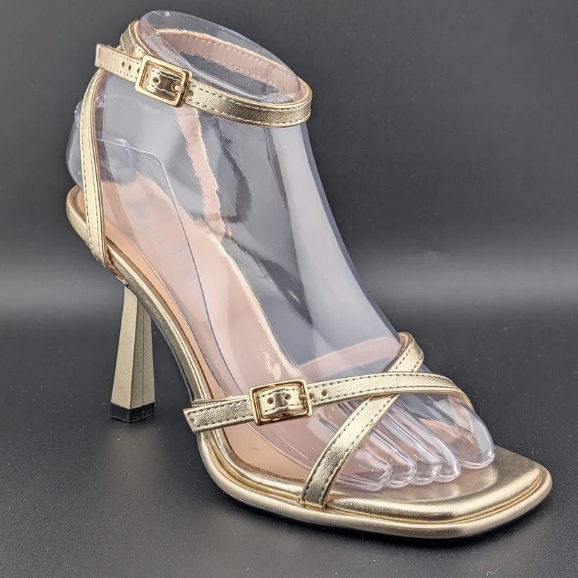 Women's Size 6 Gold Hi Strappy 3.5" Stiletto Heel Open Toe Sandal side buckle SoleComfort.shoes