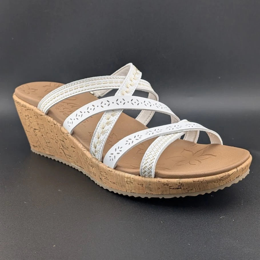 Skechers Cali Size US 11 Luxe Foam Tan White Cork Wedge Heel Sandals 31714/WHT SoleComfort.shoes
