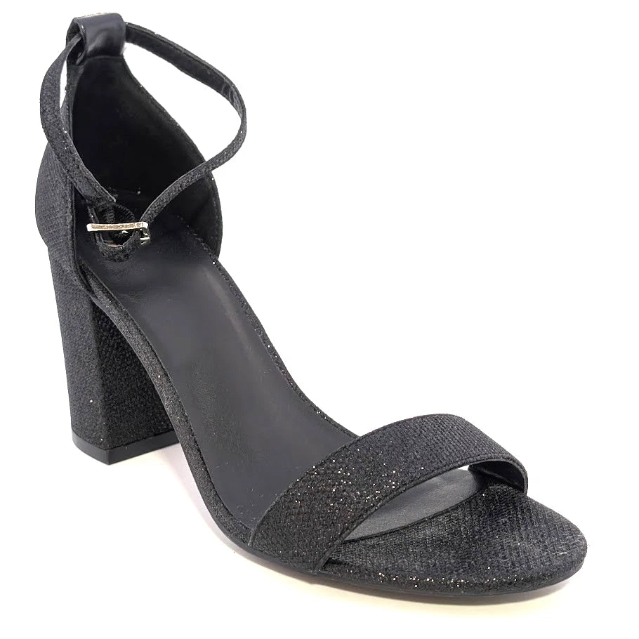 Mysoft Womens Sz 7.5 Black Sparkle Open-Toe Block Hi Heeled Ankle Strap Sandals SoleComfort.shoes