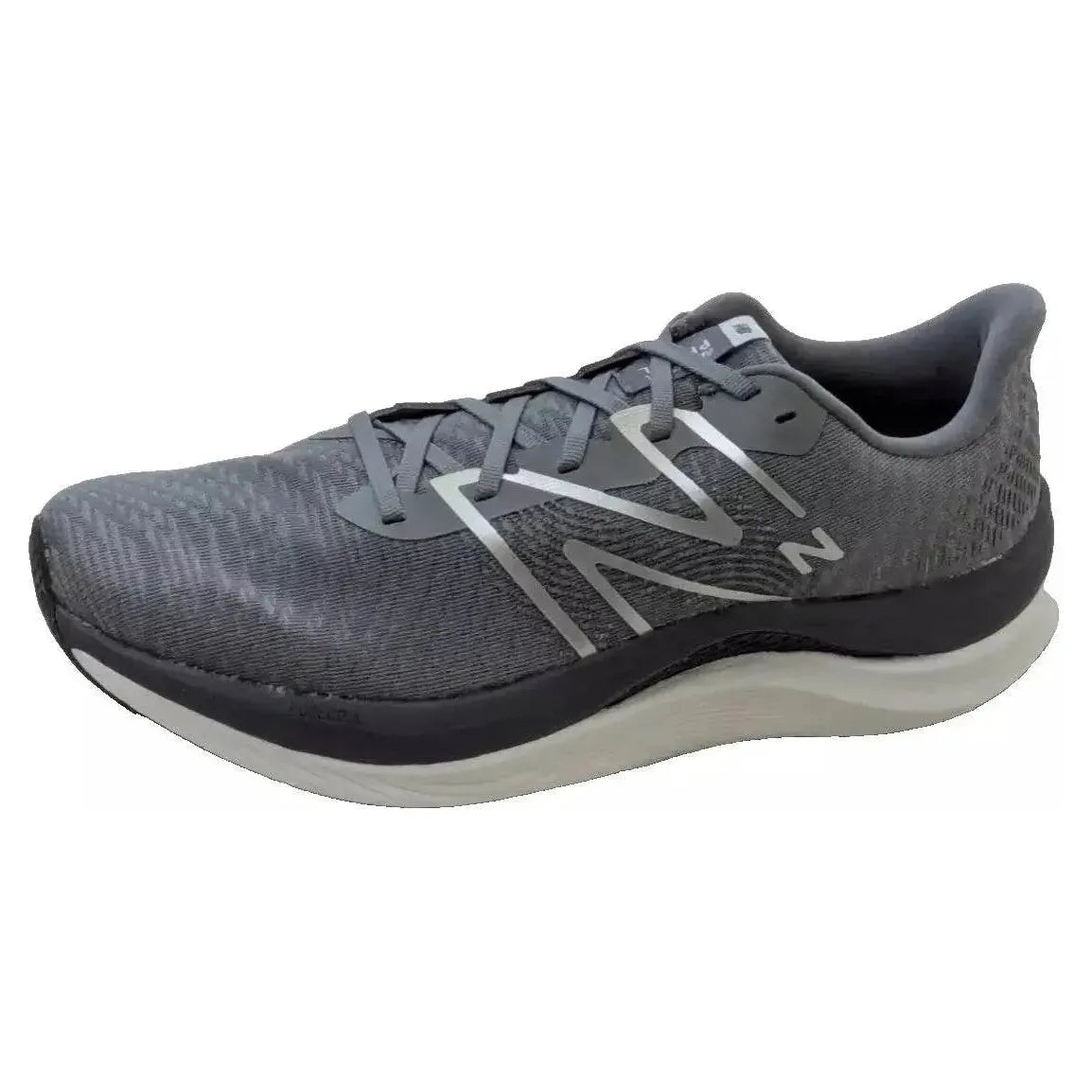 New Balance FuelCell Propel V4 men’s running shoe, size 11.5, in grey, white, and black with lace-up closure.