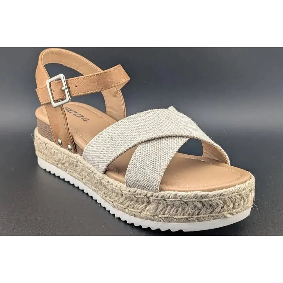 Womens Size 8 Soda "Firefly" Espadrille Ankle Strap Platform Sandal Light Brown SoleComfort.shoes