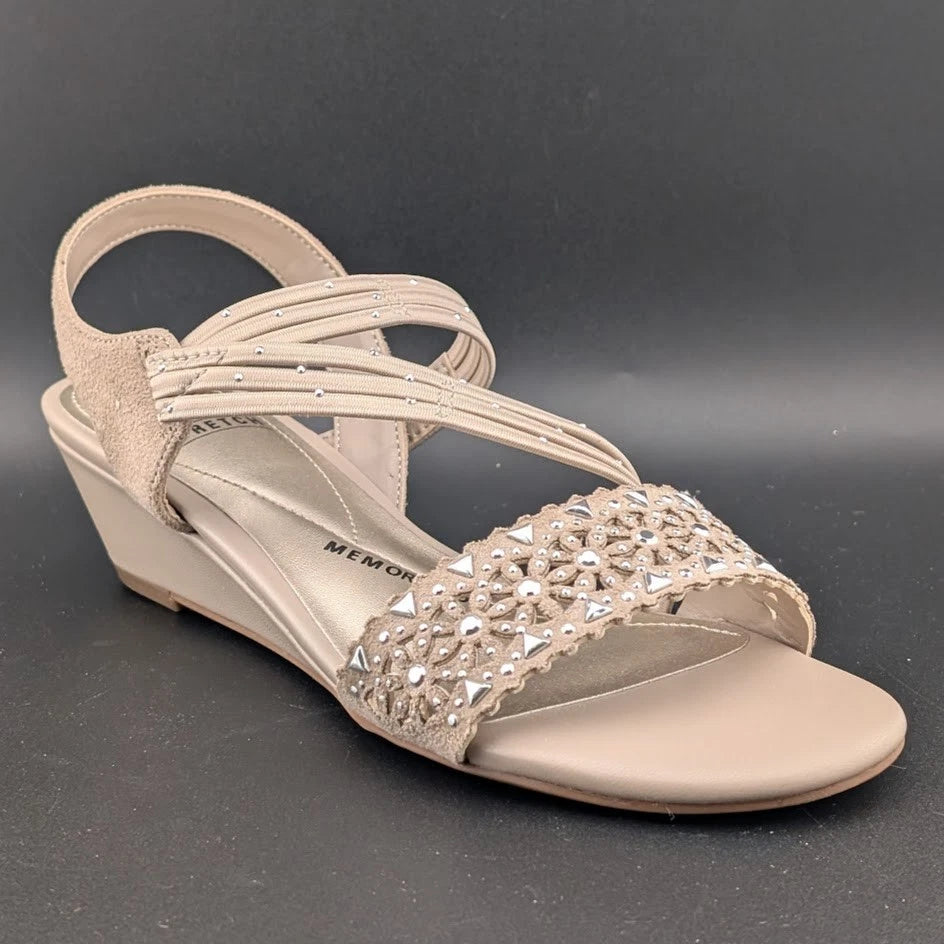 NWB Women's Sz 7M IMPO Gatrina Embellished Stretch Wedge Sandals, Praline SoleComfort.shoes