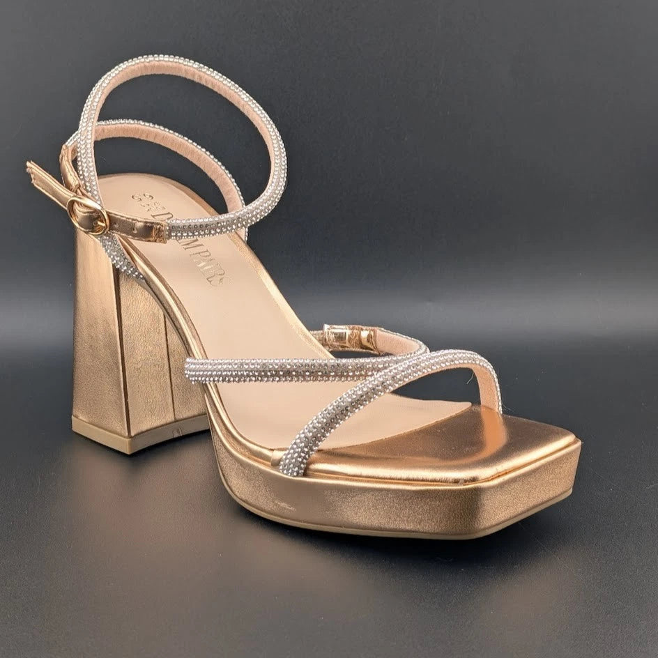 Women's Size 6.5 Bronze Metallic Platform Strappy 4" Block Heels w/ Rhinestones SoleComfort.shoes