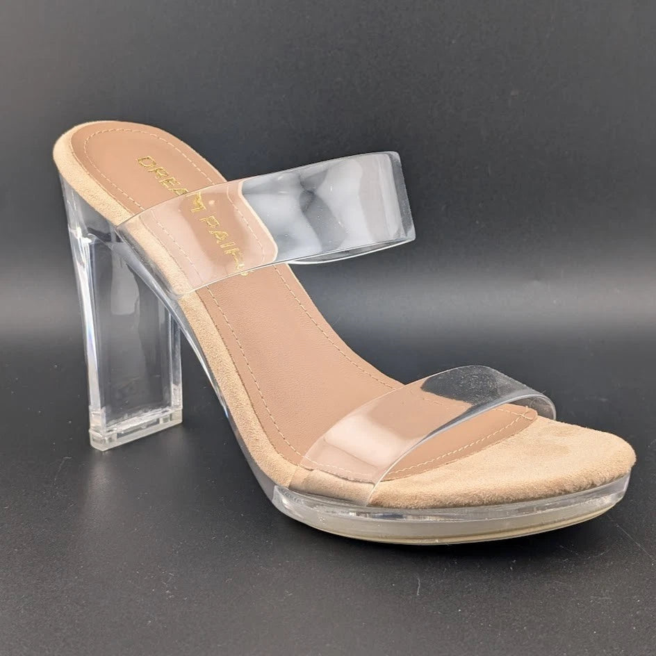 Women Clear Two Strap Open Toe High Block Chunky Slip On Dress Heel Sandals SoleComfort.shoes
