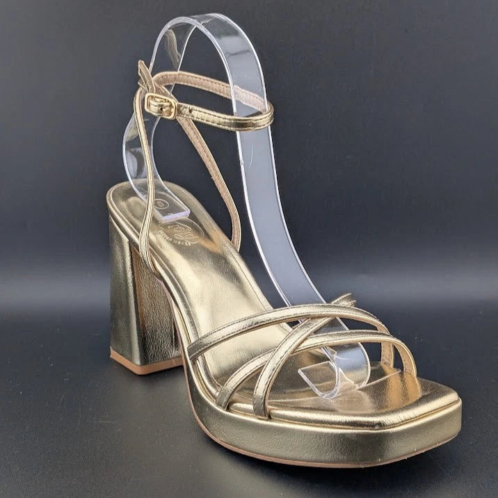Trary Women's Size 8 Gold Strappy Platform 4" Chunky Heel Open Toe Sandals SoleComfort.shoes