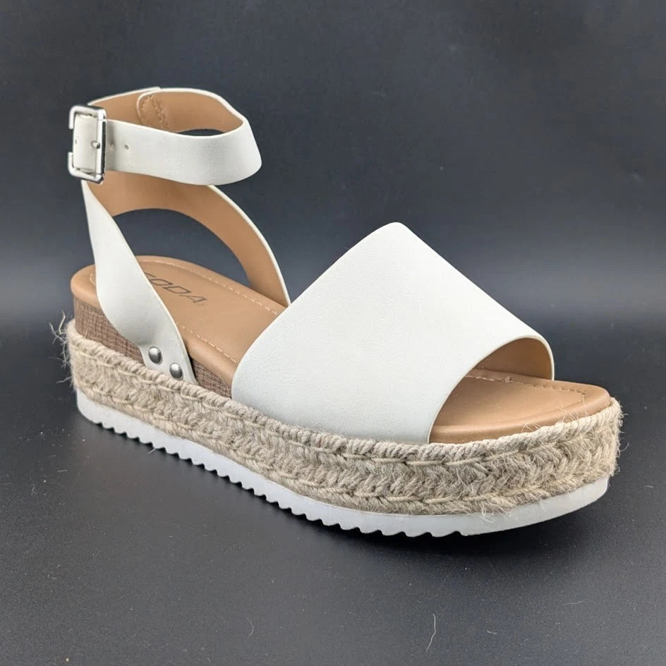 Womens Size 7.5 Soda "Topic" Espadrille Ankle Strap Platform Sandal Off-White SoleComfort.shoes