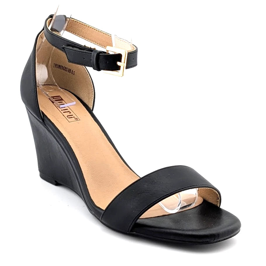 IDIFU Black Wedge Dress Sandal with Round Toe and Ankle Strap Size 8.5 SoleComfort.shoes