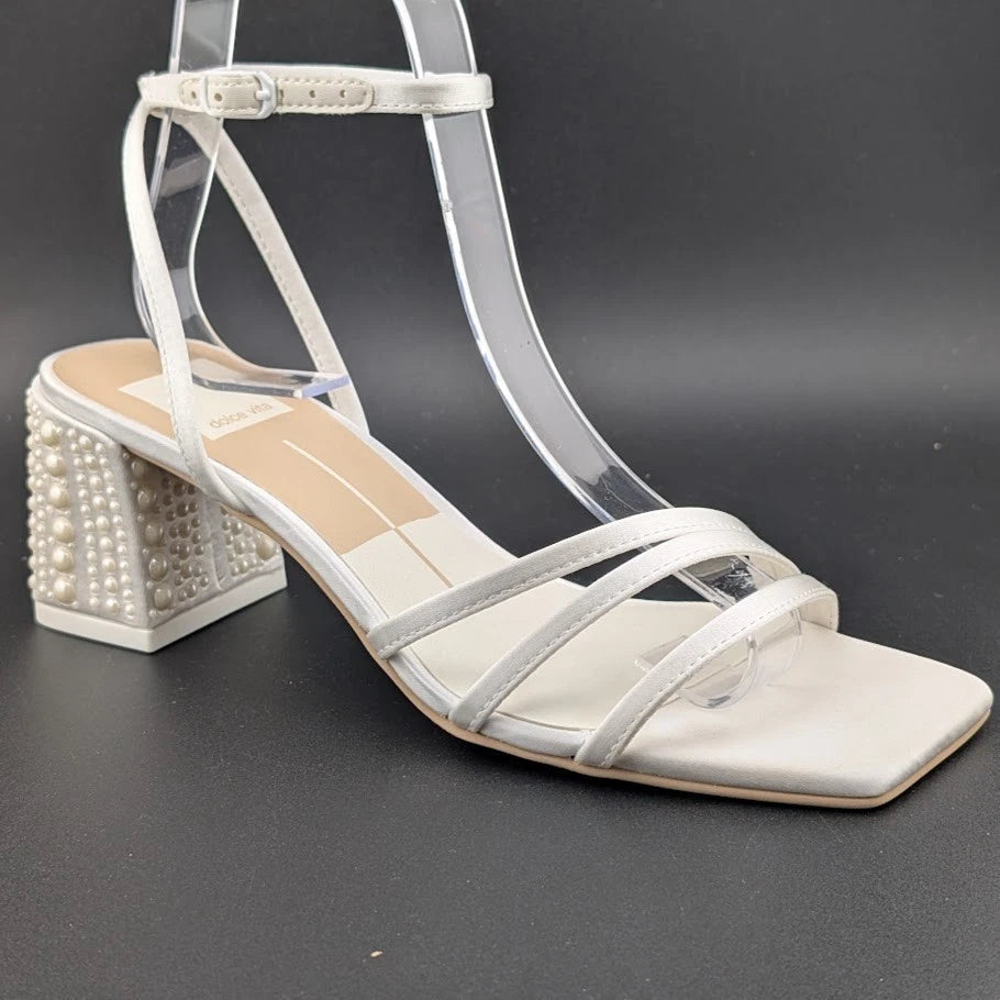 Dolce Vita Women's Sz 6 Ysabel Pearl 2.4" Chunk Heeled Sandal True White Satin SoleComfort.shoes