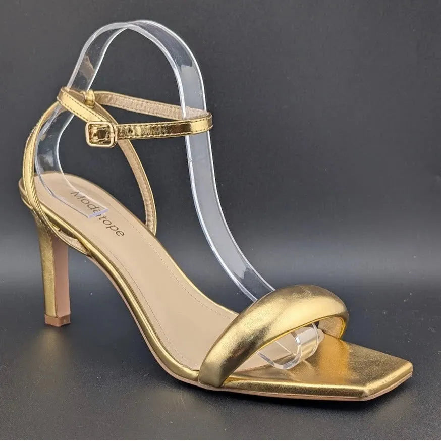 Modatope Size 9.5 Gold Shoes Square Open Toe Open Heels Ankle Strap Sexy Party SoleComfort.shoes