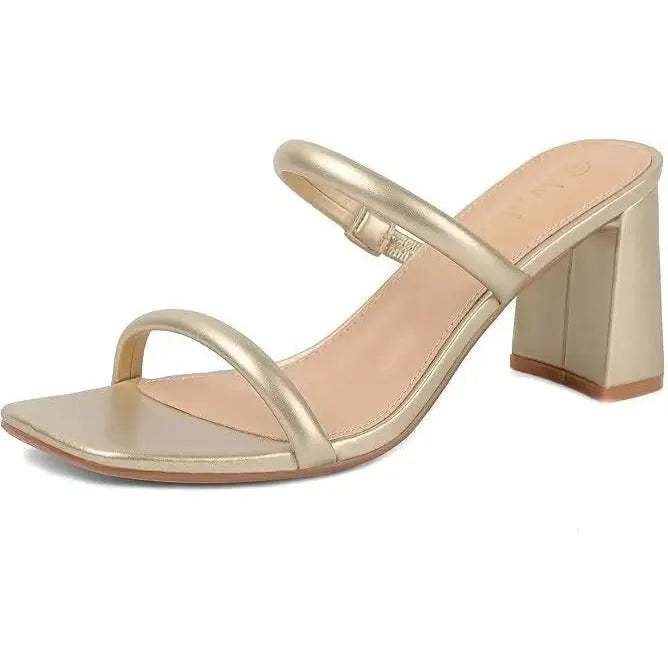 Pre-Owned Women's Size 8 Chunky Heeled Mule 2-Strap Sandal | Block Mid Heel Square Toe Dress Shoe Avidirk