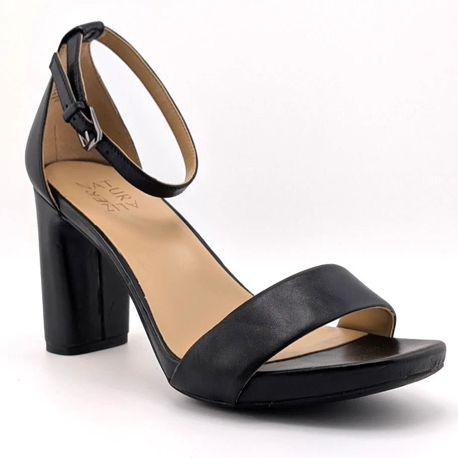 Naturalizer Women's Size 9.5W Joy Black Leather Sandals with 4" Chunky Heels SoleComfort.shoes
