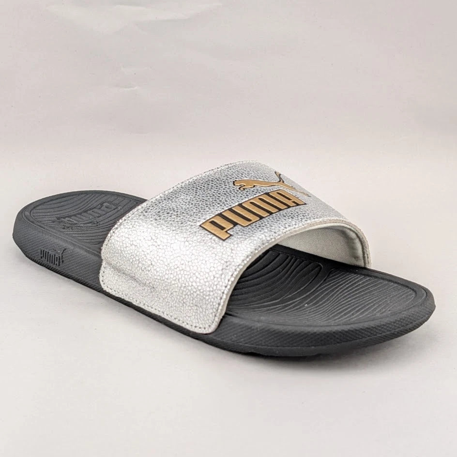 Puma Size Cool Cat 2.0 Silver & Gold Logo Soft Slides Men’s Slip-On Sandals Puma