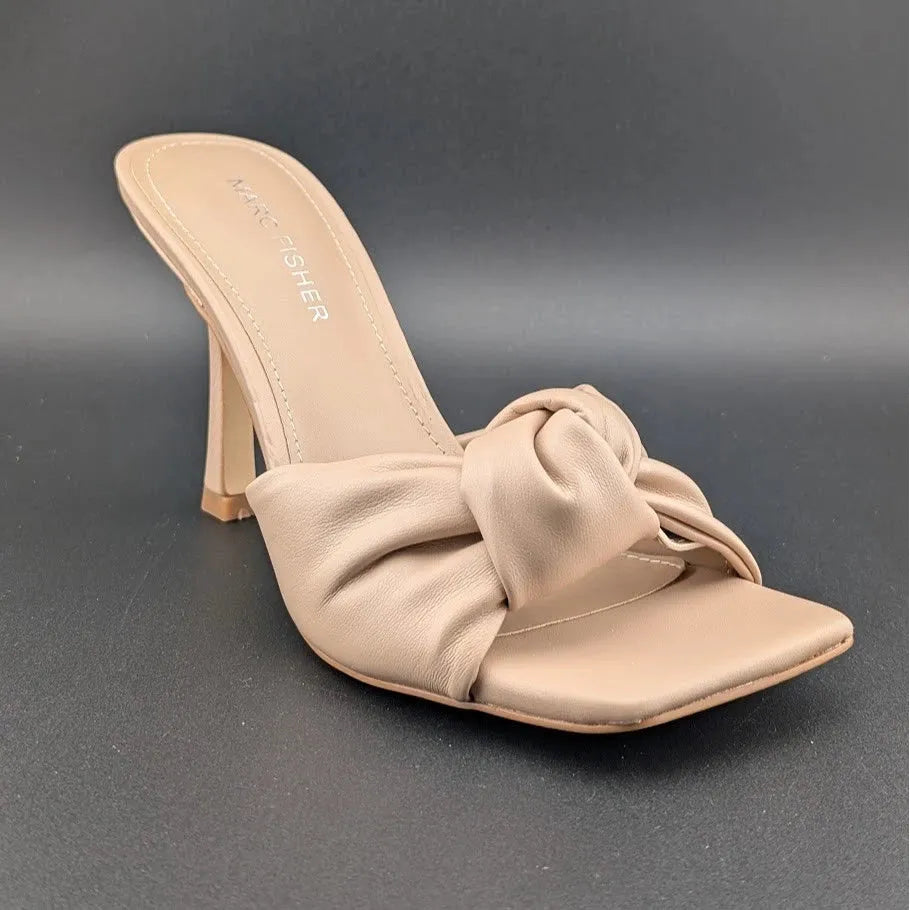 MARC FISHER DALIOT Beige/Tan Square Toe Mule Heeled Sandals with Knot Super Soft SoleComfort.shoes
