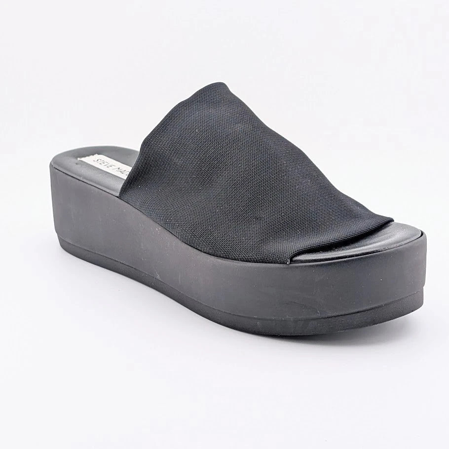 Steve Madden Size 9 Black Slinky Stretchy Platform Chunky Slide Sandals-Made In Italy SoleComfort.shoes