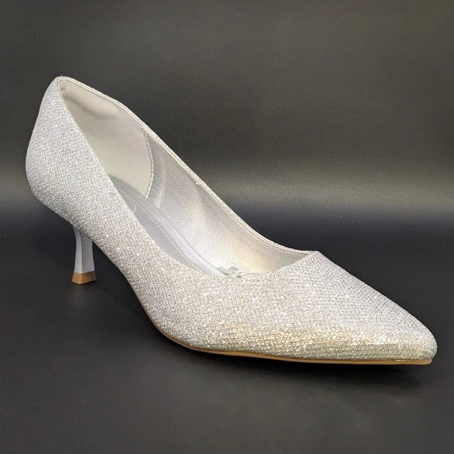 mysoft Womens Size 9 Silver Glitter Pumps 2” Kitten Heel Pointed Toe Dress Shoes SoleComfort.shoes
