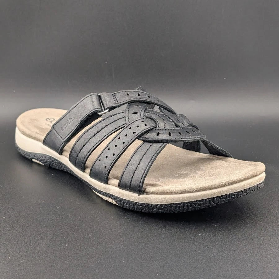 Reconditioned Earth Women's Size 11M Sassoni Strappy Slip On Sandals in Black Leather Earth Origins