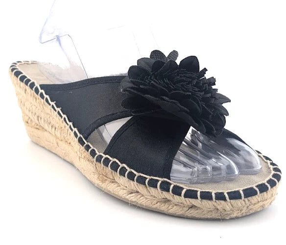 Montego Bay Club Black Fabric Flower Espadrille Wedge Sandal US size 8M