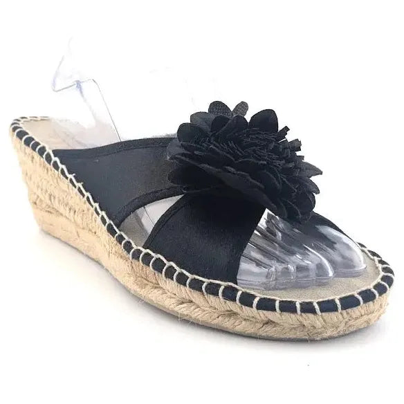 Montego Bay Club Black Fabric Flower Espadrille Wedge Sandal US size 8M - SoleComfort.shoes