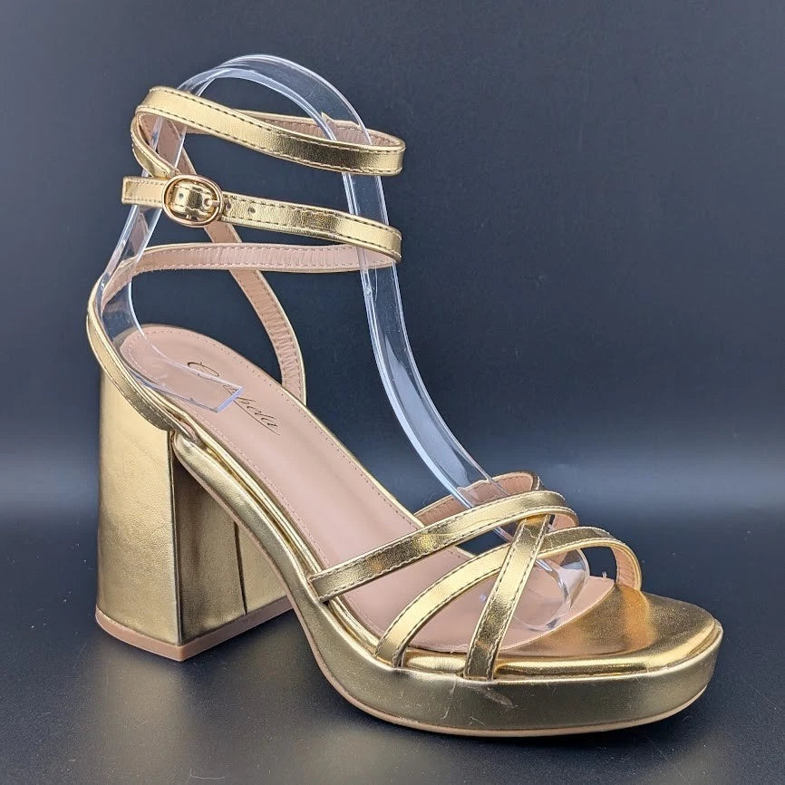 Gufobela Women's Size 7 Gold Hi Strappy Platform 4" Chunky Heel Open Toe Sandals Unbranded