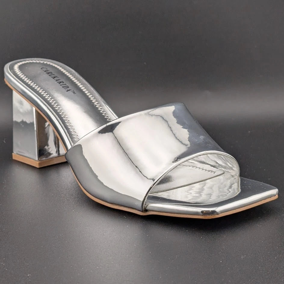 Carl Karida Size 7.5 Women's Silver Metallic Slip On Chunky Heeled Mules Luxury SoleComfort.shoes