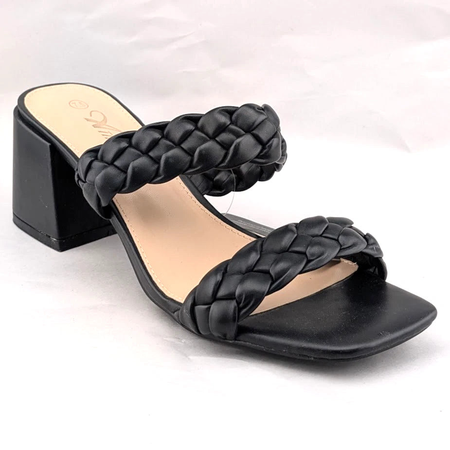 Women's Sz 7.5 Braided Heeled Sandals Strappy Square Toe Backless Mules Slip On SoleComfort.shoes