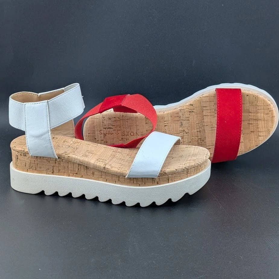 NIB Sun + Stone Women’s Red/White Cork Slip On Strappy Platform Sandal Open Toe Sun & Stone