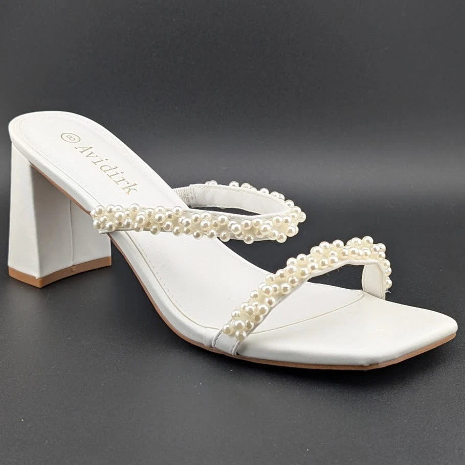 Womens Sz 8 Pearl Sandals Low Square Open Toe Block Chunky Heels Slip On Slides Avidirk