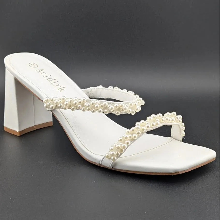 Womens Sz 8 Pearl Sandals Low Square Open Toe Block Chunky Heels Slip On Slides Avidirk