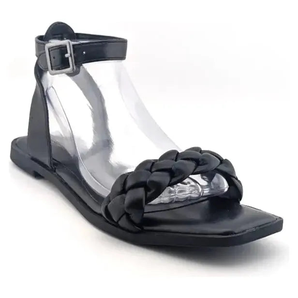 Time And Tru Womens Black Open Toe Braided Ankle Strap Square Toe Sandals Size 8 - SoleComfort.shoes