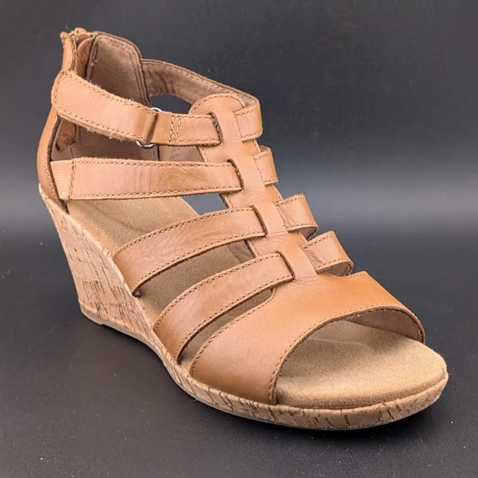 Rockport Briah Gladiator Wedge Sandal Women 6.5 Tan Leather Strap BX1984 EUC SoleComfort.shoes