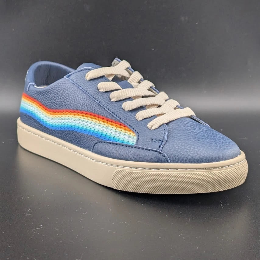 NWB Womens Size 6.5* Soludos Ibiza Blue Leather Embroidered Rainbow Wave Sneaker SoleComfort.shoes