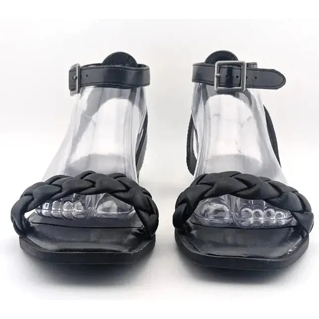 Time And Tru Womens Black Open Toe Braided Ankle Strap Square Toe Sandals Size 8 - SoleComfort.shoes