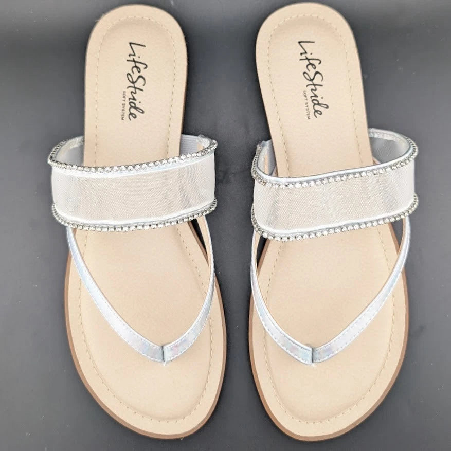 NEW Life Stride Women’s Size 11W Radiant Glow Slide Sandals Irridescent Silver SoleComfort.shoes